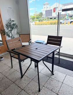 SunVilla Newport Commercial Bistro Table, 34"L x 34"W x 28.7"H, Faux Wood and 2 Chairs