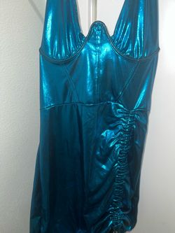 Teal Metallic Mini Halter Dress