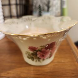 Formaldites Porcelain Vase Open Work Rim by Baum Bros Victorian Rosewith Candle