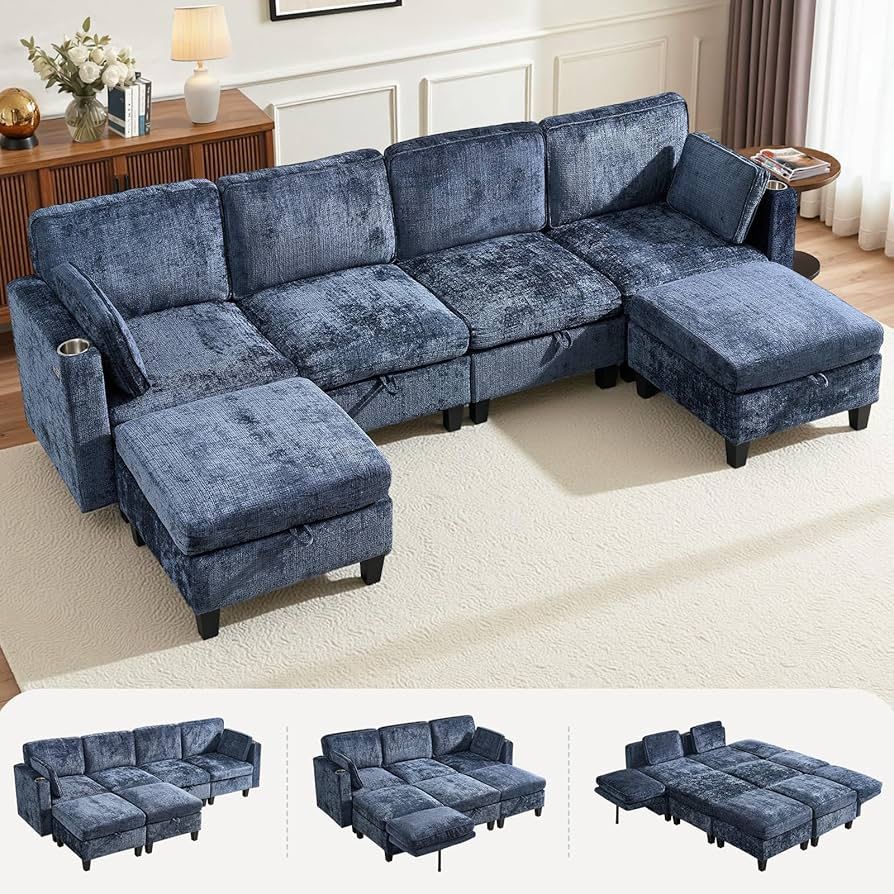 110" Modular Sectional Sofa, Convertible Sleeper Sofa Couch Bed with Adjustable Backrest, U-Shaped Chenille Cloud Couch with Ottoman Storage, Deep Sea