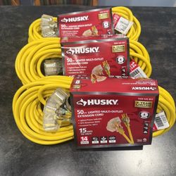 Husky 50 ft. 14/3 Medium Duty Indoor/Outdoor Extension Cord with Multiple Outlet Triple Tap Lighted End, Yellow