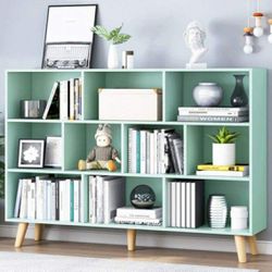 IOTXY Wooden Open Shelf Bookcase - 3-Tier Floor Standing Display Cabinet Rack with Legs, 10 Cubes Kids Bookshelf, Tiffany-Green  