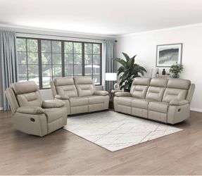 Beige fabric fully reclining three piece couch set with usb and charging ports !