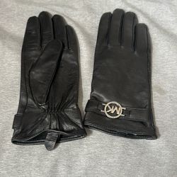 Michael Kors Women's Black Leather Gloves with MK Logo Buckle