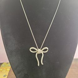 Brighton Illumina Rhinestone Bow Pendant Necklace 16"+2" Extender Silverplated F9