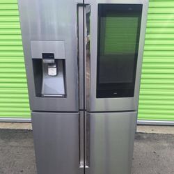 SAMSUNG FAMILY HUB STAINLESS STEEL COUNTER DEPTH 4 DOOR FLEX REFRIGERATOR WITH ICE MASTER / TABLET / SPEAKERS 