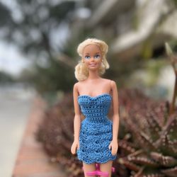 Blue Crochet Mini Dress for Barbie – Sleeveless & Handmade – 11.5” Doll Fashion