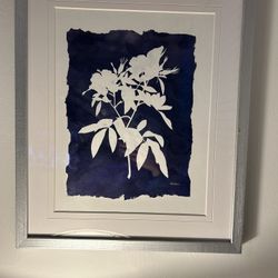 Two Blue & White Framed Flower Prints 