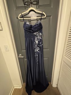 Navy Blue Floral Embroidered Formal Gown