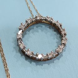 Ladies Diamond Round And Baguette Circle Of Life 14K Yellow Gold Pendant Necklace 