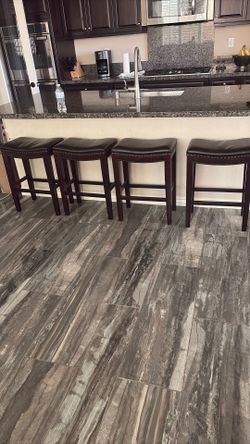 Backless Barstool, dark wood, faux leather dark brown