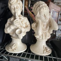 vintage J. Kendrick Universal Statuary #136B Boy & Girl Statue Pair, Saxophone Player, Off White, Signé, Mid Century 1971, Chicago, 