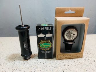 Wine Air pressure cork remover. (Come with a start bottle);New Cork pops refill cartridges. (Set of Two); New Bottle Stopper.