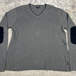 Michael Kors V Neck Sweater Size XL Gray Blue Patch Elbows 