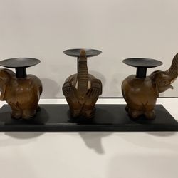 Vintage Trio Carved Wooden Elephants Trunks Up Pillar Candle Holder / Trinket Dish
