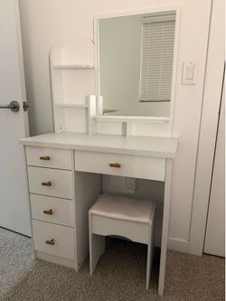 White Vanity Desk with Mirror and Stool