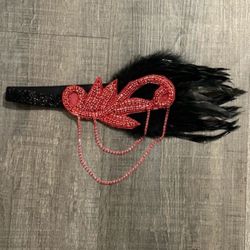 New Elegant Red & Black Beaded & Feather Flapper Style Costume Headband