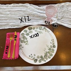 Lot of 90 Wedding Table Settings (gold silverware, cookie table trays, champagne glasses, goblets, cheesecloth runners, napkins)