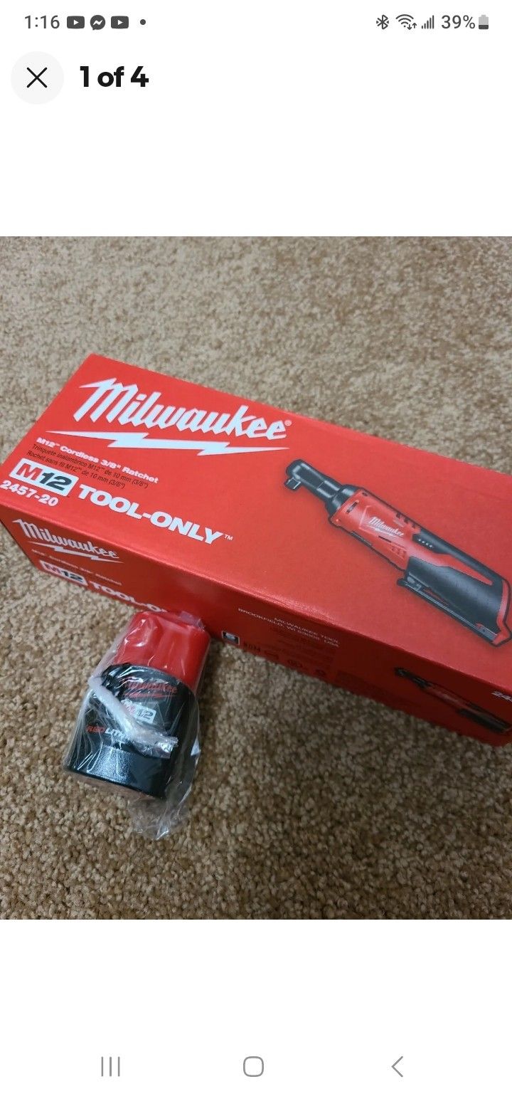 NIB Milwaukee M12 Cordless 3/8" Ratchet, 2457-20 w/ CP2.0 2.0Ah Battery , New, Firm