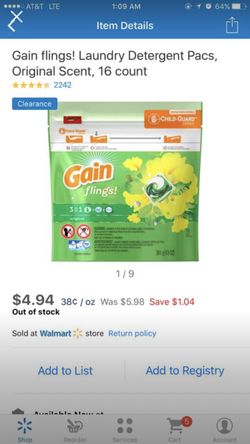 Gain Flings Laundry Detergent Pacs 16 Ct $3 each.