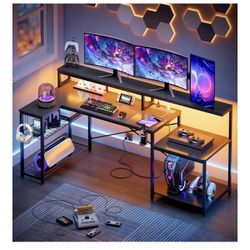 Bestier LED Gaming Desk with Power Outlets, 71 inch L Shaped Computer Desk with Monitor Stand, Large Desk with Printer Stand Adjustable Shelf, Cup Hol