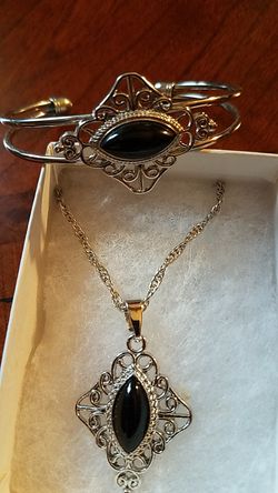 Silvertone and Black Onyx necklace and bracelet
