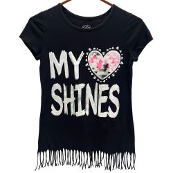 Justice Girls 14 My Heart Shines T Shirt Short Sleeve Black Fringe Glitter