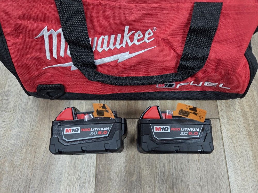 NEW Genuine (2) Milwaukee M18 XC 5.0 AH Batteries + Medium Tool Bag