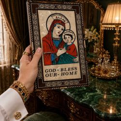 Vintage Original Fine Art Mother of Pearl Inlay Mosaic Virgin Mary Jesus Plaque 12” Orthodox Christian Home Picture MCM Mid-Century Modern HILLCREST