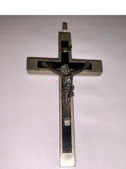 Vintage Italy Black Enamel Crucifix Cross Pendant Catholic Silver Tone 3.5”