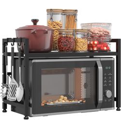 Extendable Microwave Oven Stand, Adjustable Microwave rack Toaster Shelf, Heavy Duty Rack 2 Tier Kitchen Counter Top Organizer with 6 Hooks for Kitche