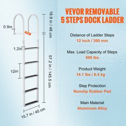 Dock Ladder, Removable 5 Steps, 500 lbs Load Capacity, Aluminum Alloy Pontoon Boat Ladder with 3.1'' Wide Step & Nonslip Rubber Mat, Easy to Install f
