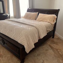 King Size Bed Frame, Mattress, Dresser, Mirror, & One Night Stand