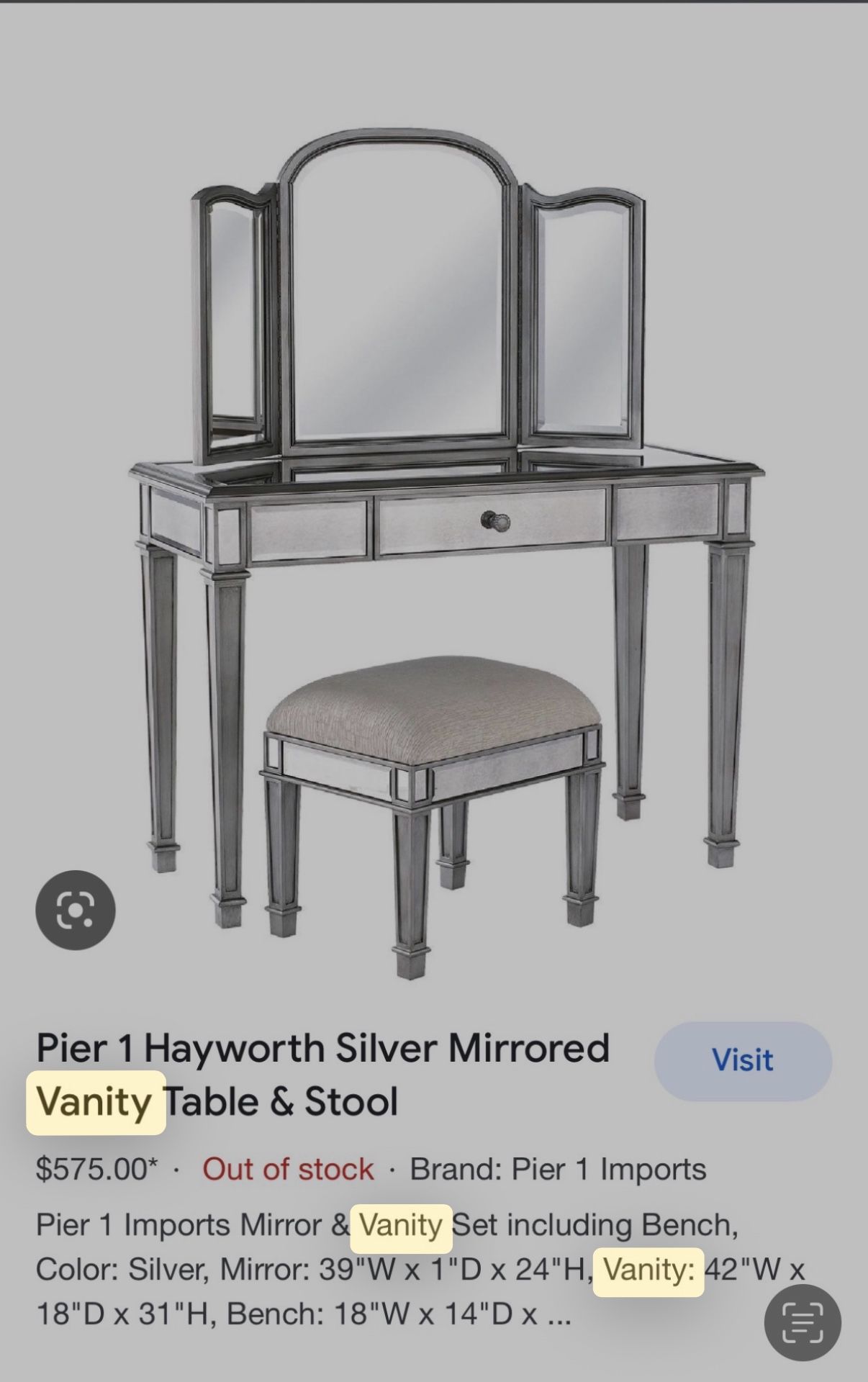 Pre-loved Pier 1 Hayworth Silver Mirrored Vanity And Stool