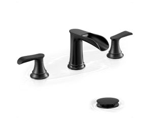 Black Waterfall Bathroom Faucet, Brass Widespread 3 Hole Vanity Faucet, 2 Handles Bathroom Sink Faucet Set, 8 Inch Bathroom Faucets for Sink Vanity La