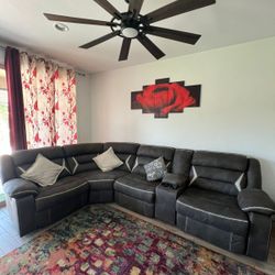 Dark Grey Sectional Recliner Sofa With 2 Recliners One On Each End 