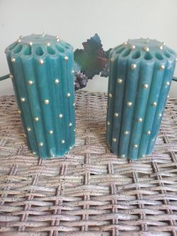 Pair of 6 1/2 inch green gold studded candles