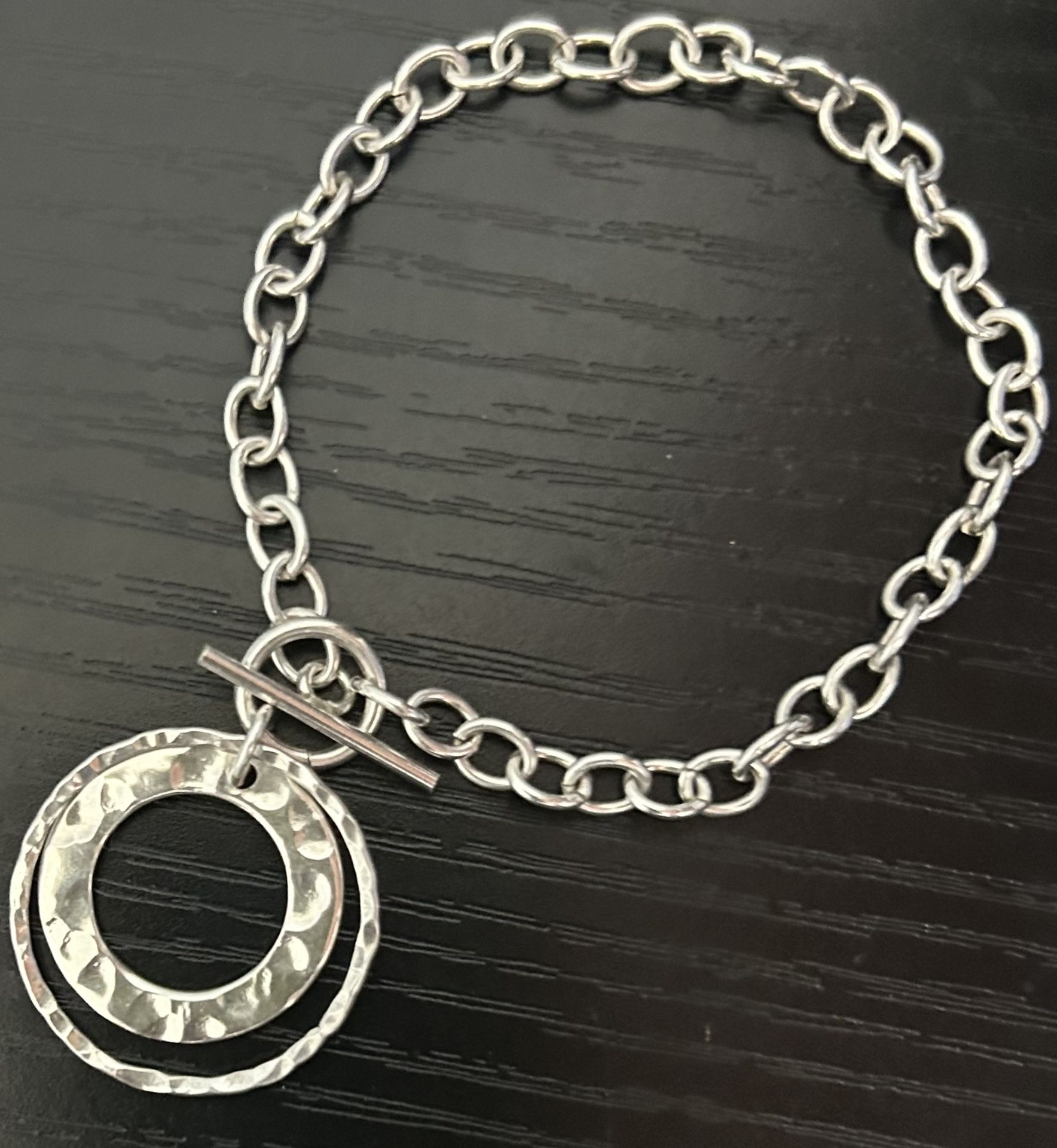 Sterling Silver - 5 mm Cable Chain 7” Toggle Bracelet W/Hammered Circle Charm