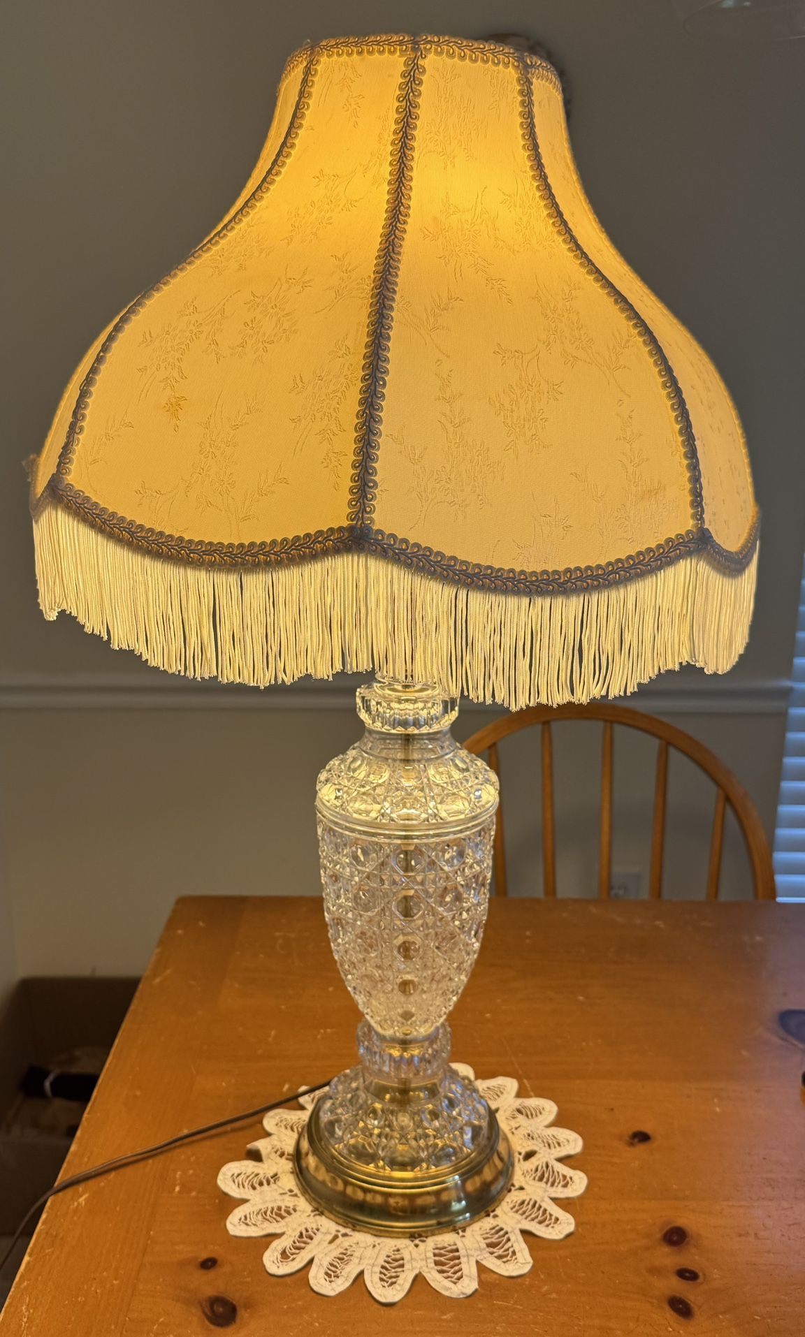 Beautiful Vintage Pressed Glass Lamp With Victorian Style Bell Shaped Fringed Shade