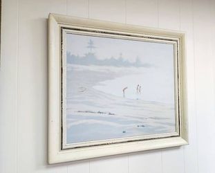 Whitewashed Framed Little Boys + Mom Beachfront VTG Beach Painting