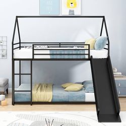 Floor Bunk Bed with Slide Heavy Duty Twin Over Twin Metal Bunk Bed for Kids Teens Metal bunk bed frame for Kids is constructed from high quality stee