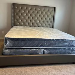 🔥 Brand New Grey Diamond Tufted King & Queen Size Tall Headboard With Nailhead Trim - Mattress • Pay After Delivery 🚚 