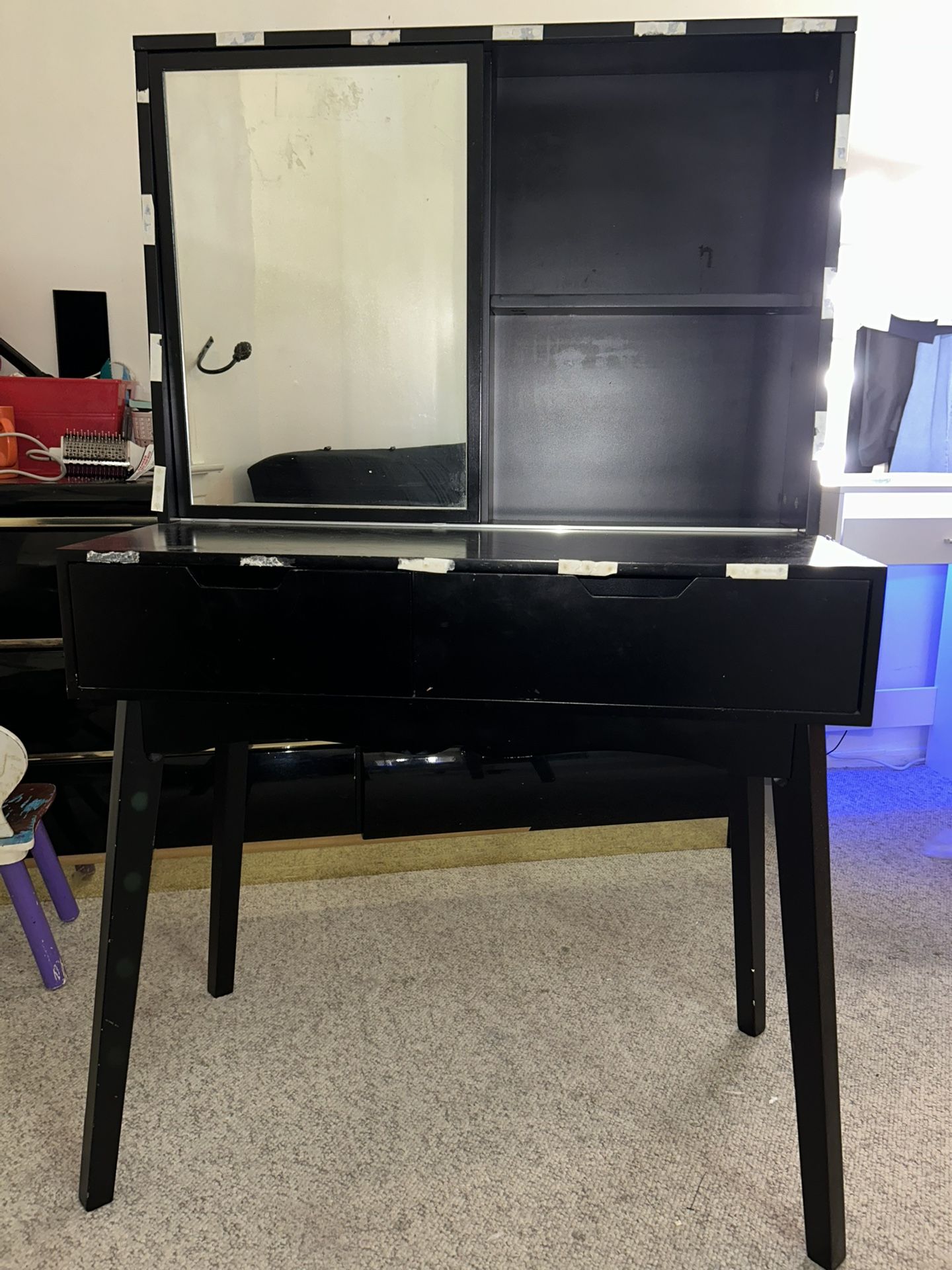 Black Vanity With Two Drawers Sliding Mirror And Shelves