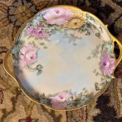 T&V Limoges France 11" Serving Tray Cake Dessert Flower Gold Gilded Hand Painted Signed