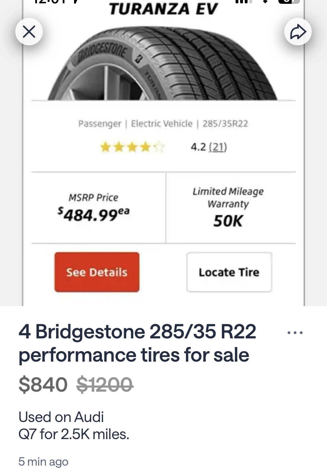 4 Barely Used Bridgestone 285/35 R22 Performance Tires