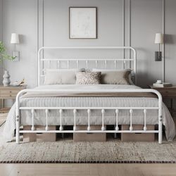King Size Victorian Style Metal Bed Frame, White