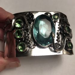 Green Amethyst Stamped Solid 925 Sterling Silver Cuff Bracelet 
