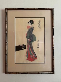 Vintage Uchida Art Co. Framed Japanese Woodblock Prints Set of 3 - Eishi Geisha Reprints - Bamboo Silver Frames