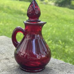 Avon Vintage Ruby Red Pefume Bottle Glass Pitcher With Strawberry Stopper Lid 5.5"   