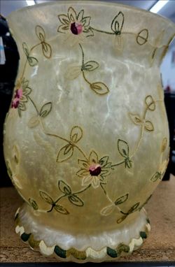 vintage, cream-colored resin vase featuring embroidered floral motifs 10" Tall